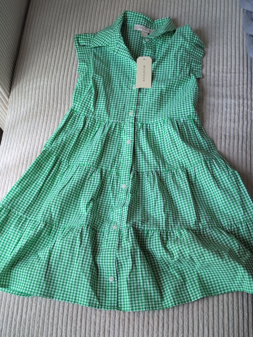 Monteau Green Gingham Tiered Button-Front Dress